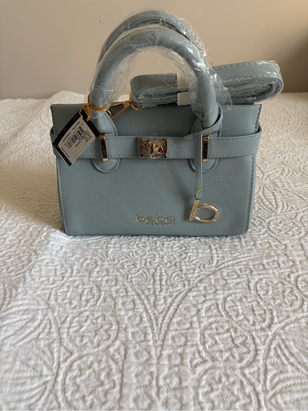 NWT bebe Evie Small Satchel Light Blue with Gold Hardware & Crossbody Strap